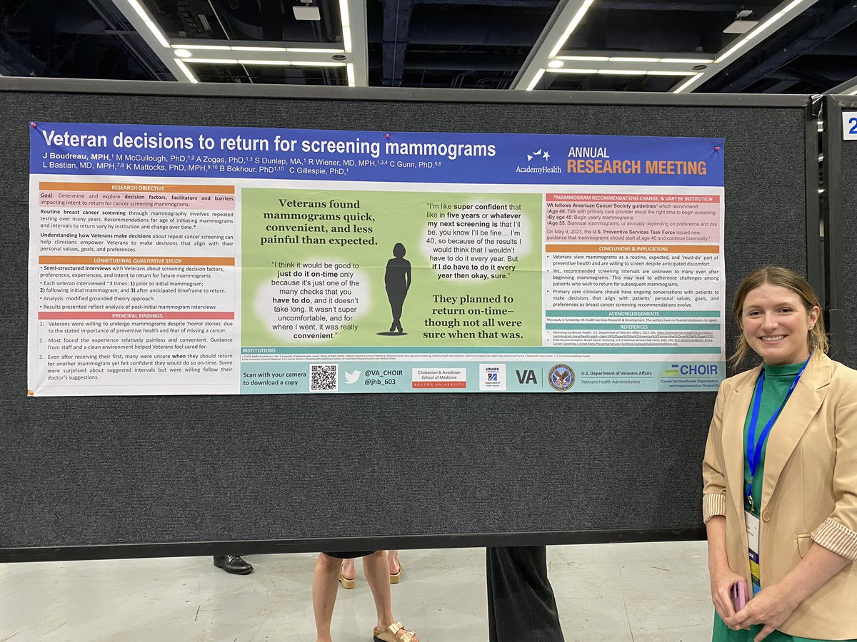 What fun learning even more about @VA_CHOIR colleagues’ awesome work at the #ARM23 afternoon poster session! Creating models of patient-centered care, perceptions of cancer screenings, and providers’ beliefs of Whole Health in primary and mental healthcare. @jhb603 @vahsrd