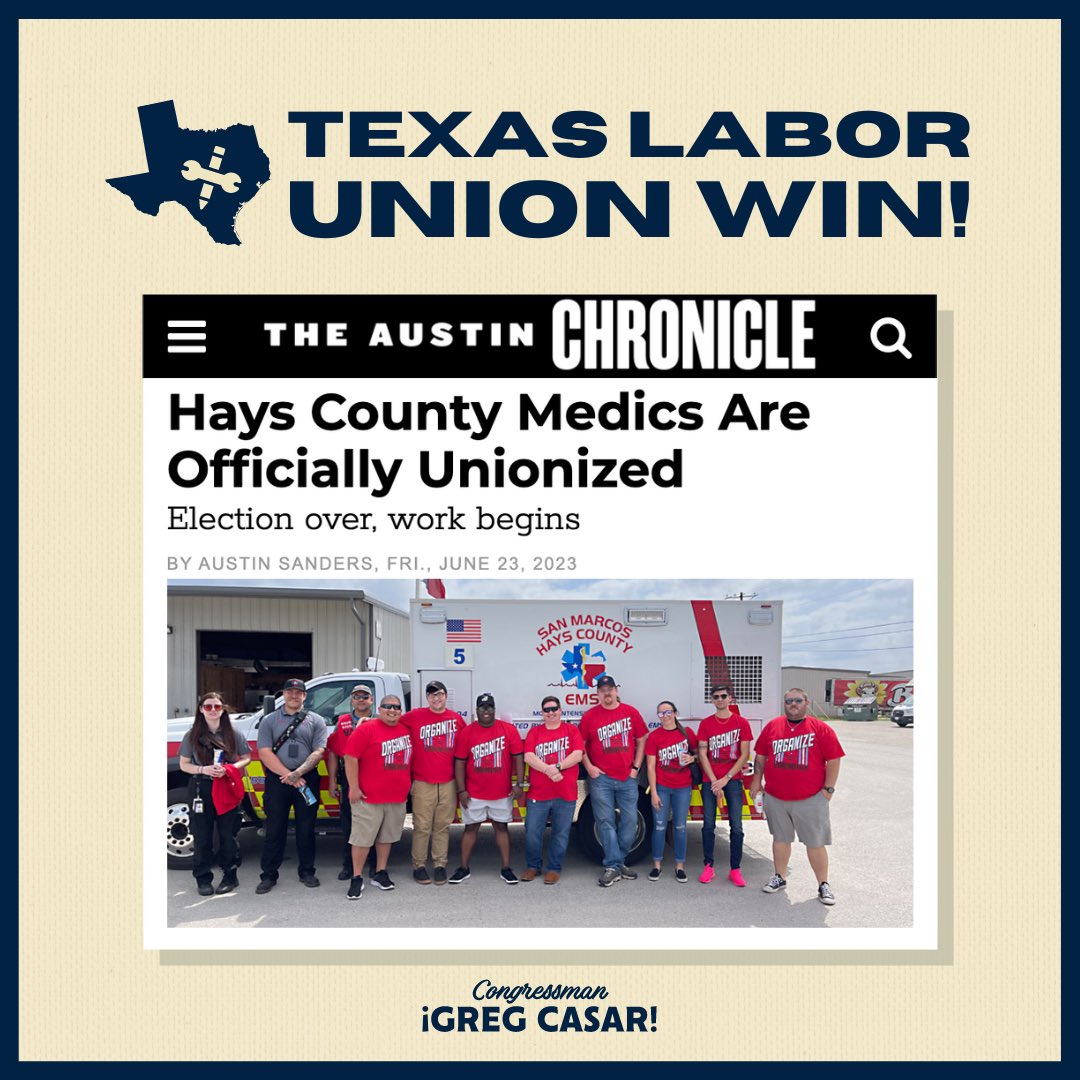 HUGE NEWS this month out of Hays County! 

When we take better care of workers, they take better care of patients. Congratulations to our newest #TX35 union - the Hays County EMS Association! 
@haysemsassoc #HaysCo #UnionYes