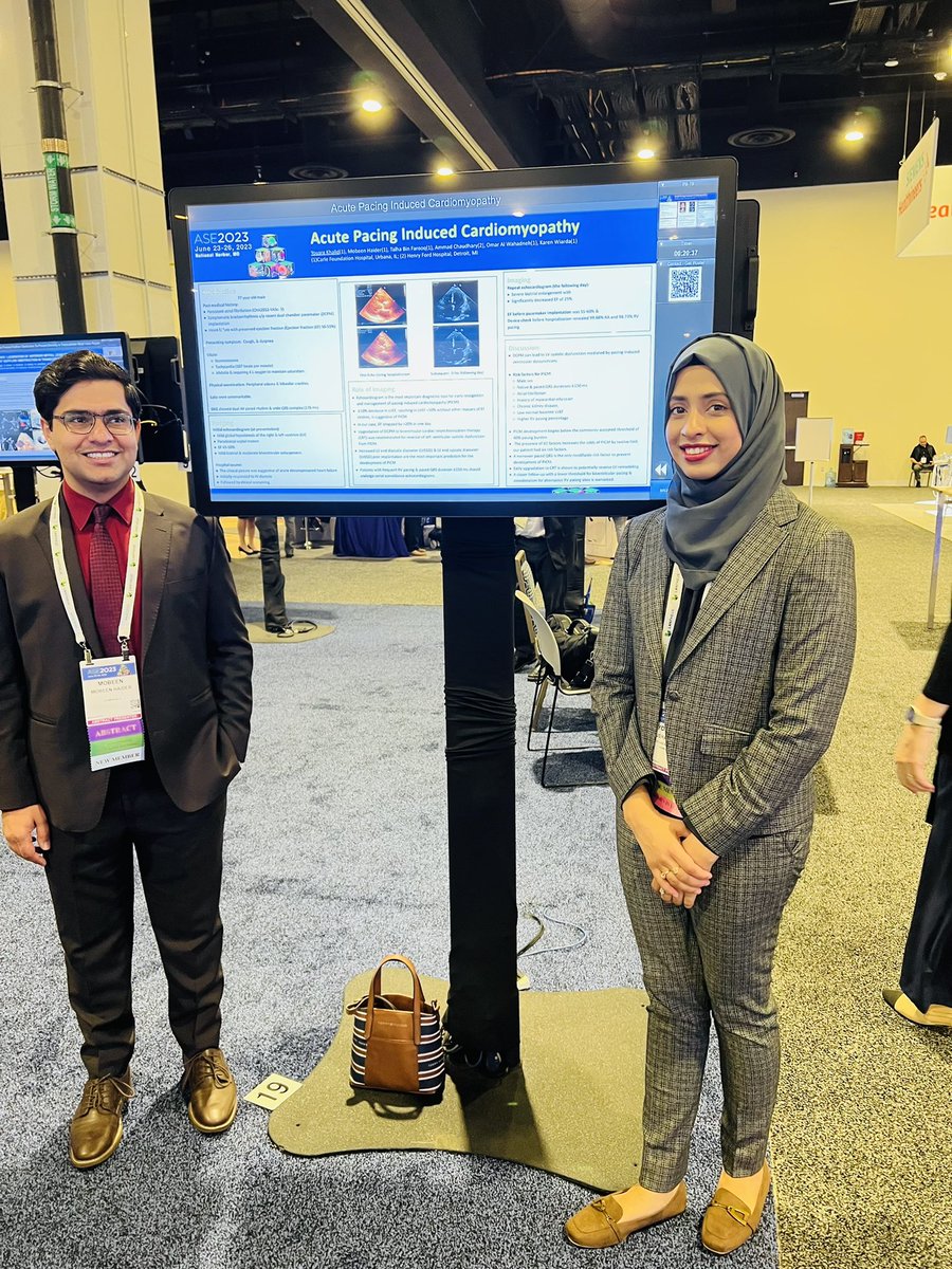 Concluding ASE experience with poster on “Acute pacing induced cardiomyopathy” 
@ASE360 @WomenAs1 @ACCinTouch #ASE2023 #ASEday3 #WomeninEcho 

Abstracts accepted in 5, attended 4 and presented in 3 conferences

Signing off intern year in Maryland 😊 Excited about PGY2
