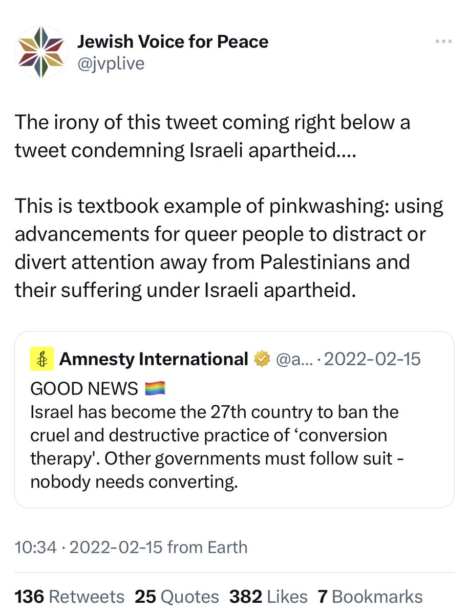 Remember when @jvplive condemned banning conversion therapy for gay people (which has been proven to not work at all and only results in higher suicide rates) because the country that banned it was Israel #HappyPrideMonth