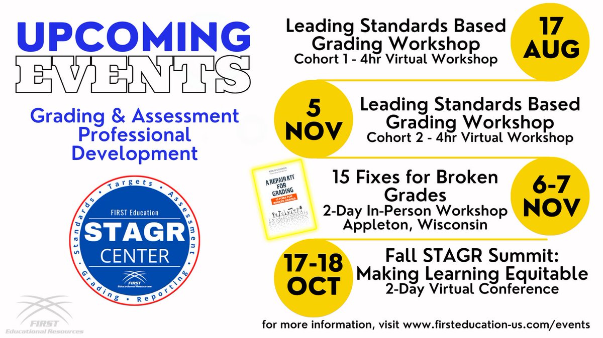 Does the thought of shifting grading, reporting and assessment practices make you anxious?!? If so, we've got you covered! Check out our upcoming events from the #STAGR Center! #SBG #FIRSTEducation firsteducation-us.com/events