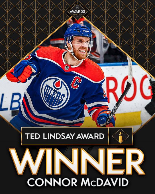 Top: 2023 NHL Awards logo

Middle: Connor McDavid celebrating on ice in an Edmonton Oilers home uniform

Below the photo in white text on a black rectangle with a gold outline, "Ted Lindsay Award" with a cutout of the trophy beside.

At the bottom in large white text, "Winner, Connor McDavid" 