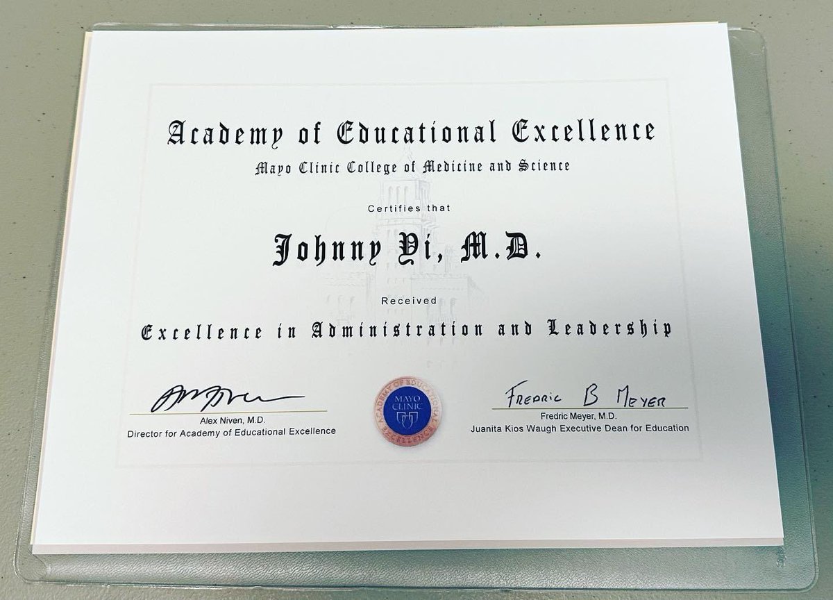 The three shields of <a href="/mayoclinic/">Mayo Clinic</a> represent our commitment to #education and #research, which together promote #patientcare.  #MayoClinicAZ is fortunate to have <a href="/joyi1014/">JoYiMD</a> as a leader in education!  Congrats Dr. Yi on your recognition by the Academy of Educational Excellence!