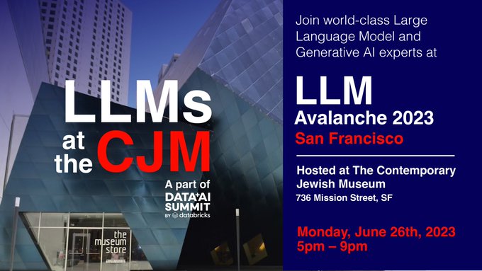 It's time for #LLMAvalanche with with @achowdhery, @AnthropicAI, @LangChainAI, @llama_index, @MosaicML, @robusthq, @chipro, @LaminiAI and more! 🎿 

See you at the @jewseum, friends! #DataAISummit