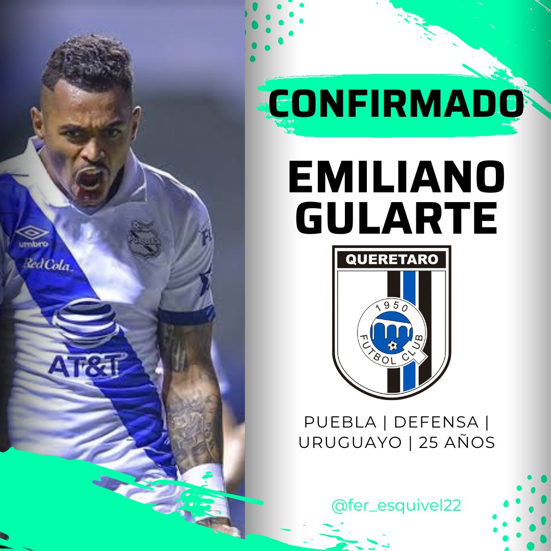 🚨🐔 CONFIRMADO. Emiliano Gularte es nuevo jugador de Querétaro. Llega desde Puebla en transferencia definitiva. Ya reportó a exámenes médicos y a partir de mañana estará entrenando. Esperan el Transfer desde Puebla para darle de alta y estar disponible en la J1.