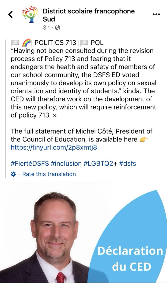 Gailey99's tweet photo. Francophone District South will protect kids and strengthen #Policy713 - claiming the revised policy “endangers the health and safety of members of our school community.” #leadershipatwork
https://t.co/fh3xUrA5m4 https://t.co/1CBIg9VaO1