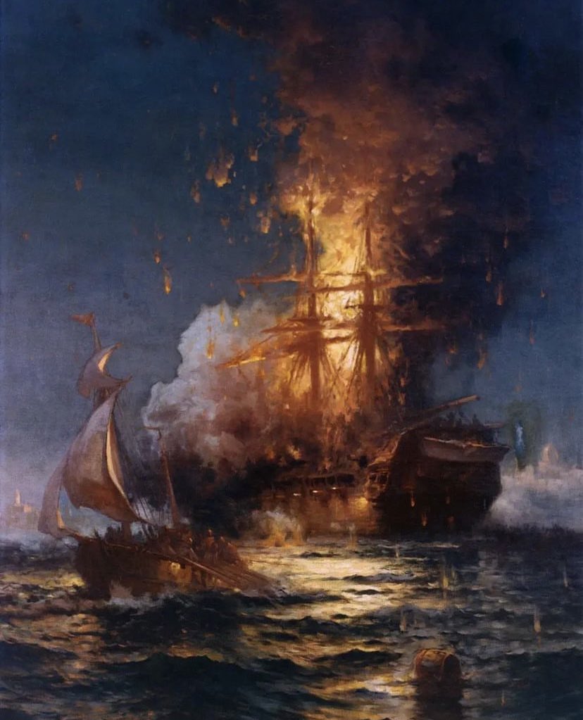 Burning of the Frigate USS Philadelphia. Painted in 1897 by Edward Moran.