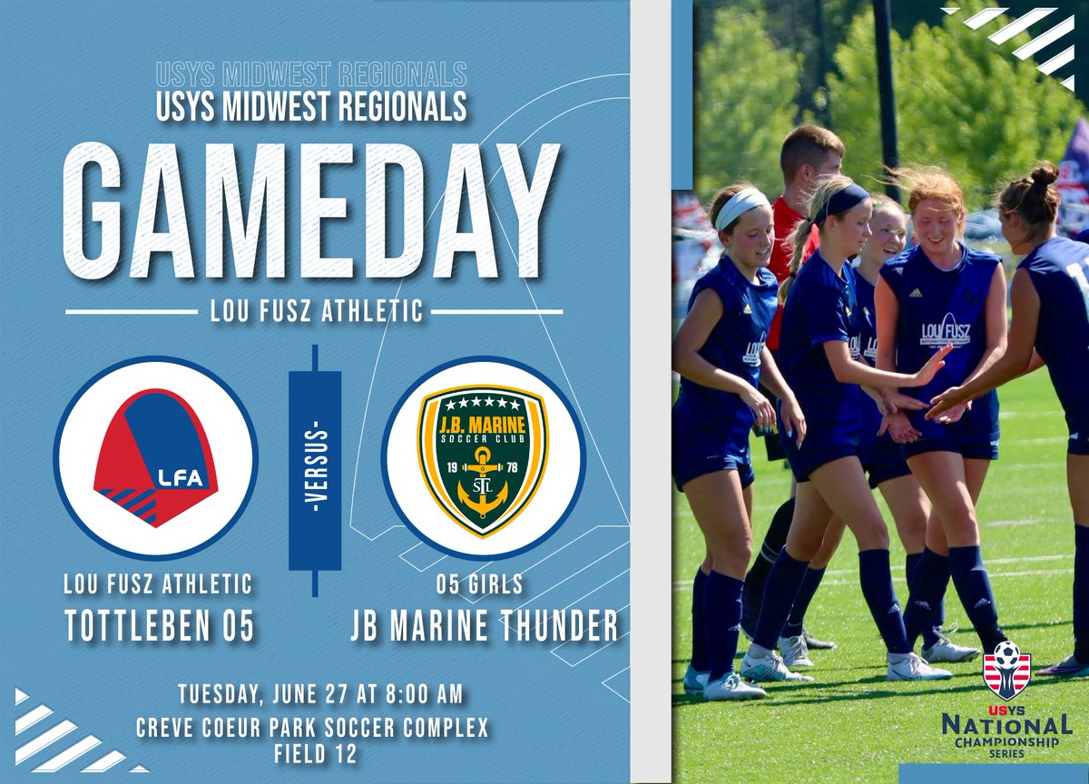 Rise and Grind... it's 𝙐𝙎𝙔𝙎 𝙈𝙄𝘿𝙒𝙀𝙎𝙏 𝙍𝙀𝙂𝙄𝙊𝙉𝘼𝙇 𝙎𝙀𝙈𝙄𝙁𝙄𝙉𝘼𝙇 Match Day 🌅😤

🆚 JB Marine Thunder
⏰ 8:00 AM
📍 St.Louis, MO
🏟️ Creve Coeur Soccer Complex
⚽️ Field 12

<a href="/LouFuszSoccer/">Lou Fusz Soccer Club</a> | #ROADtoFL
