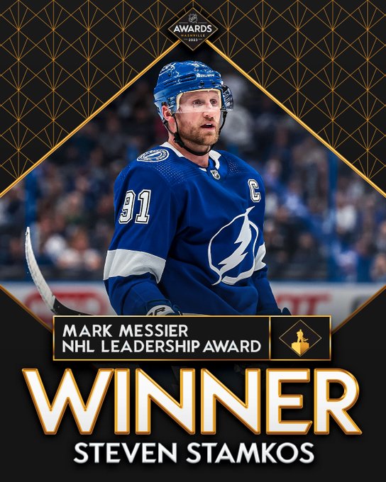 Top: 2023 NHL Awards logo

Middle: Steven Stamkos on ice in a Tampa Bay Lightning home uniform

Below the photo in white text on a black rectangle with a gold outline, "Mark Messier NHL Leadership Award" with a cutout of the trophy beside.

At the bottom in large white text, "Winner, Steven Stamkos" 