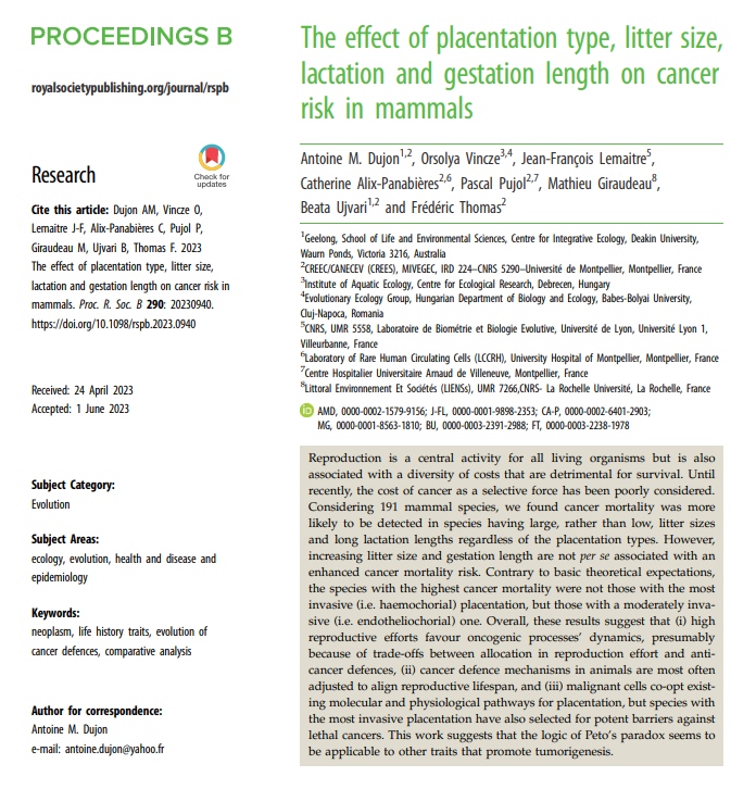 New study on how placentation is linked to #cancer risk in mammals. Placentation can be an invasive process with foetal cells invading maternal tissues, and we think that cancer cells may be able to use pathways responsible for that invasiveness to become more malignant (1/5)