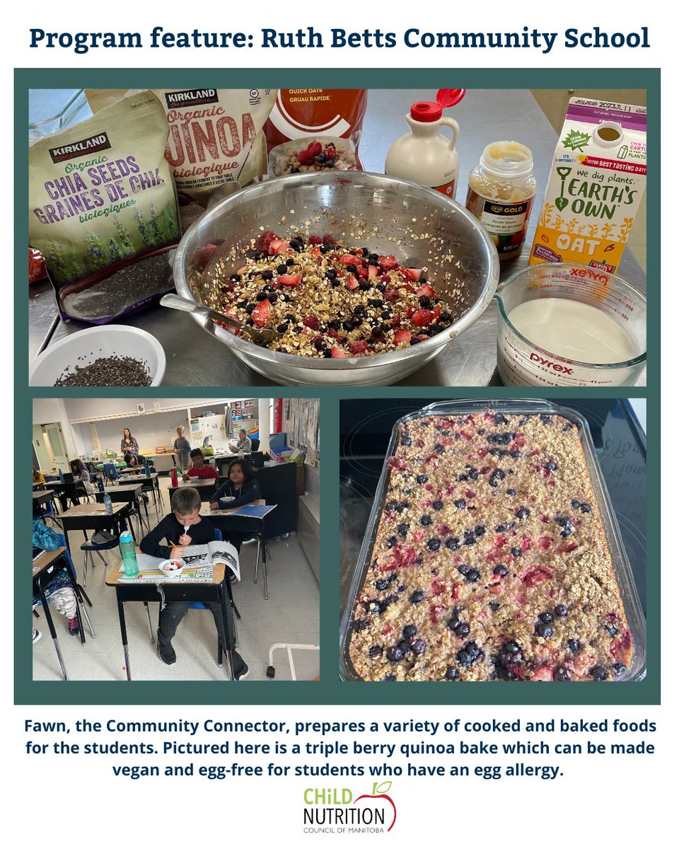 Community Connector Fawn prepares a variety of cooked and baked foods for the students. Pictured here is a triple berry quinoa bake which can be made vegan and egg-free for students who have an egg allergy! Students enjoy it with Greek yogurt for extra protein. #schoolmeal