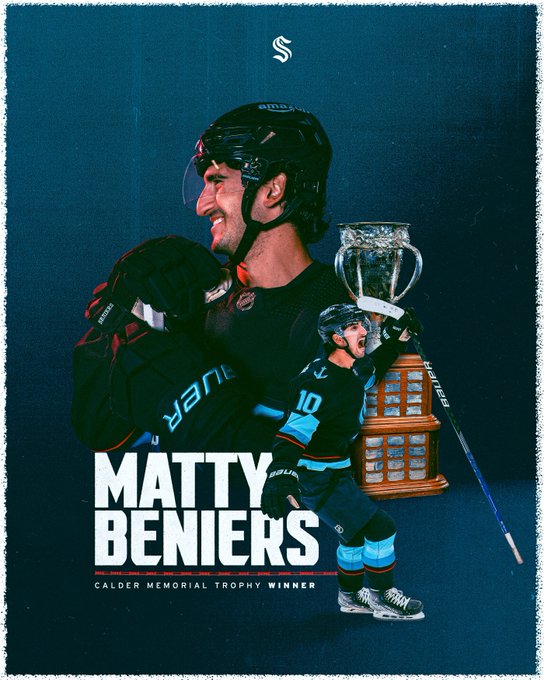 Blue graphic with pictures of matty beniers and the calder award trophy

text reads: matty beniers, Calder Memorial Trophy Winner