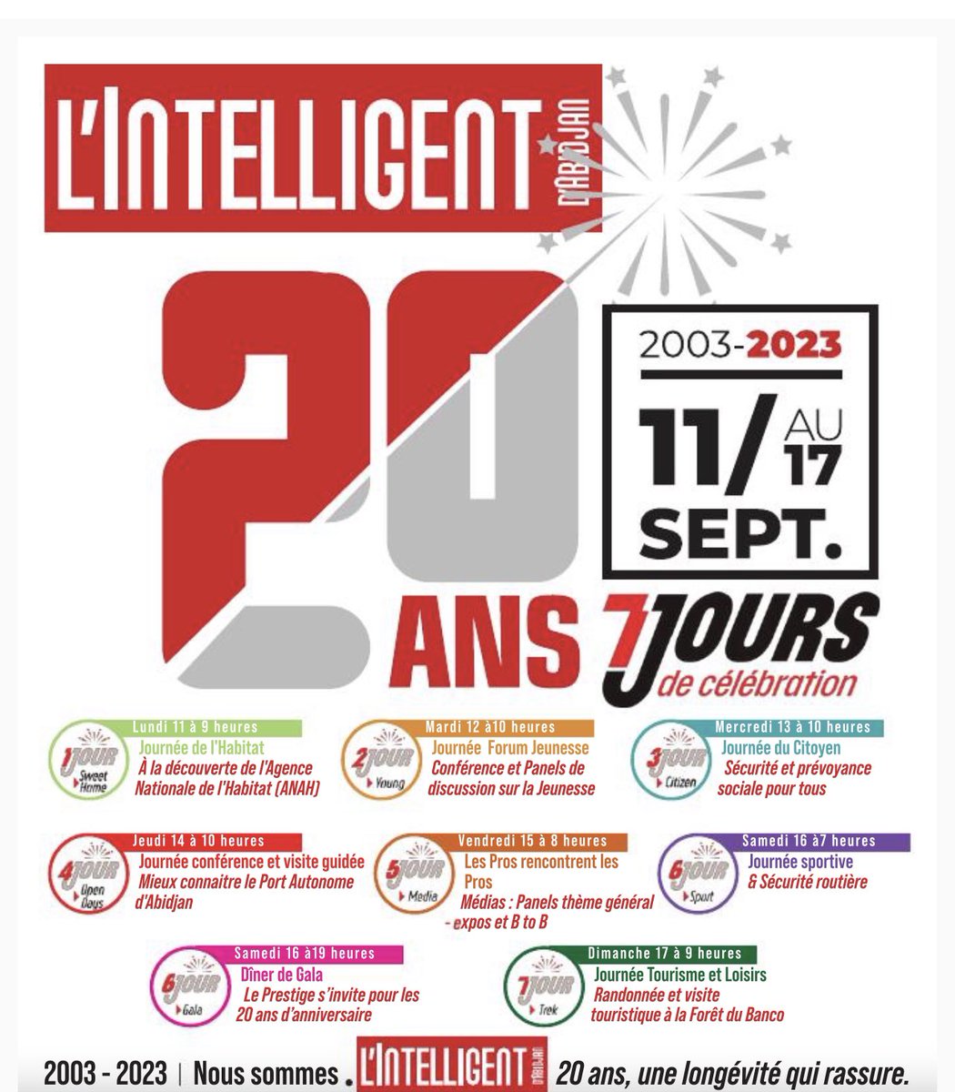 LintelligentTv's tweet photo. Rdv les 11,12,13,14,15,16,17 septembre 2023 pour les 20 ans de L'intelligent d'Abidjan , une longévité qui rassure dans un contexte difficile pour les médias. #IA20 #IA2023 #IA20ANS #Celebronsnos20ANSIA #Lintelligentdabidjan @lebarbouze @afrikipresse @afrikipresse2 https://t.co/wJ0hC3dnai