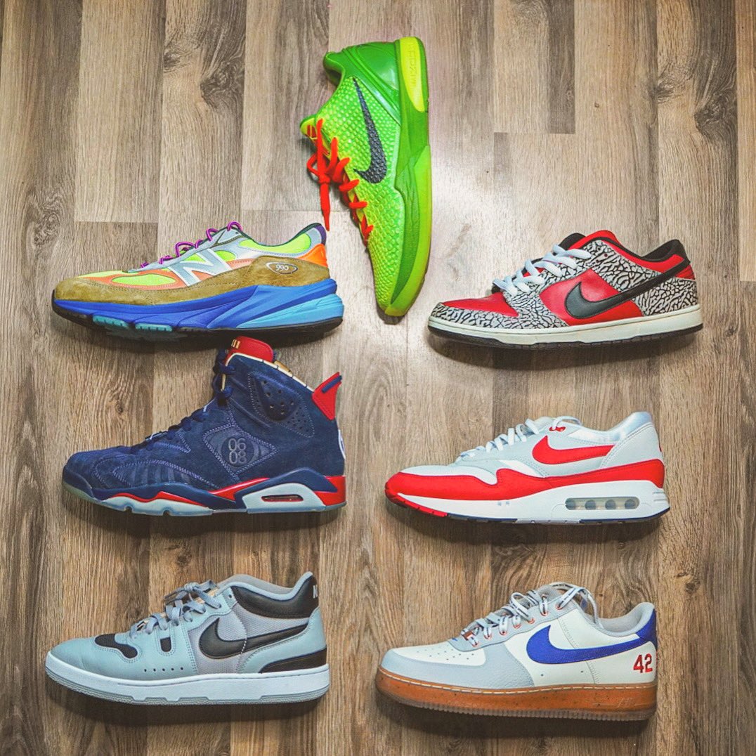 Mr_Miller1's tweet photo. Very diverse #WeeklyRotation I think…⠀⠀
⠀⠀
Got to touch all different parts of the sneaker universe last week… ⠀⠀
⠀⠀
What shoe was your favorite of the week?!?!?⠀⠀
⠀
#WorkFromSneakerhead ⠀
⠀
#jordans #jordansdaily #jumpman23 #airforceone #sneakerhead #kicks #snkrsliveheatingup #snkrskickcheck #kobebryant #nikesbdunks #newbalance