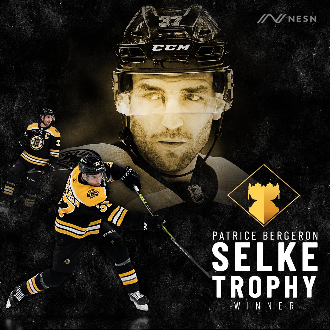 NESN's tweet photo. SIX-TIME SELKE TROPHY WINNER PATRICE BERGERON. https://t.co/BMvbn8H0Ts