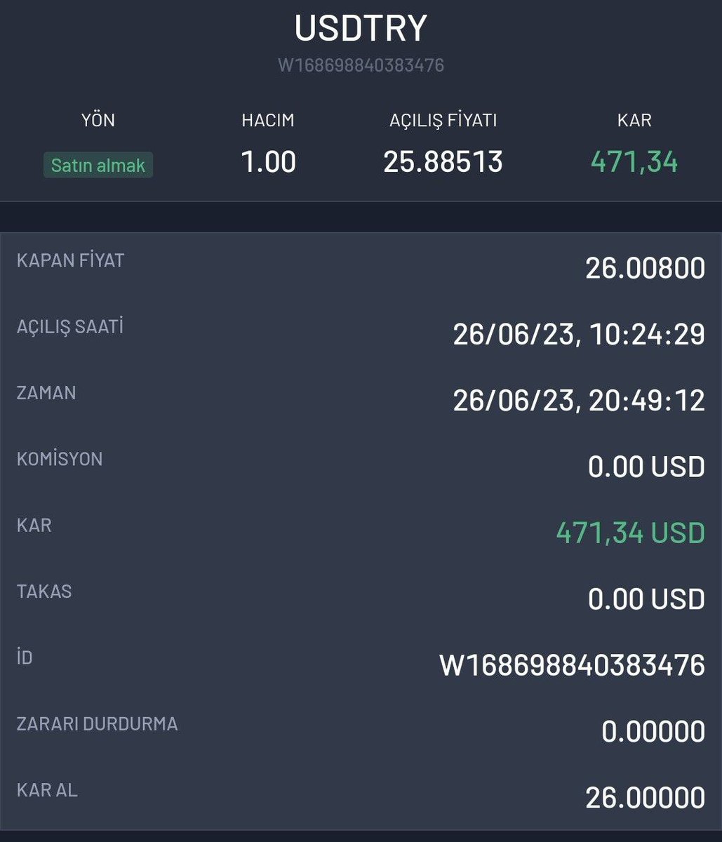 Acilen bu zamlardan, enflasyondan ve TL kazanmaktan kendinizi kurtarmalısınız.. 
 💲Dolar/TL (USDTRY) BUY ⬆️
       TP ( Kapanış Fiyatı ) 26.000
       LV ( Açılış Fiyatı )     25.885
1 günde 1 lot işlem ile kazancımız 💸 471$ = 12.269 ₺ 
#DolarTL #dolar26 #usdtry #USD #dolar