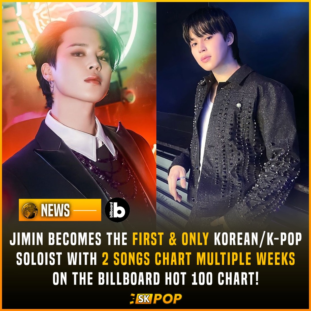 📊🔥#BTS' #JIMIN makes history becoming the FIRST & ONLY K-Pop soloist to chart with 2 songs for multiple weeks on the #BillboardHOT100 chart in last 10 years! 💥

🎶#LikeCrazy ➖5 weeks
🎶#AngelPt_1 ➖2 weeks (new🔥)

Congratulations JIMIN! 🥳✨💥
BILLBOARD HISTORY MAKER JIMIN
