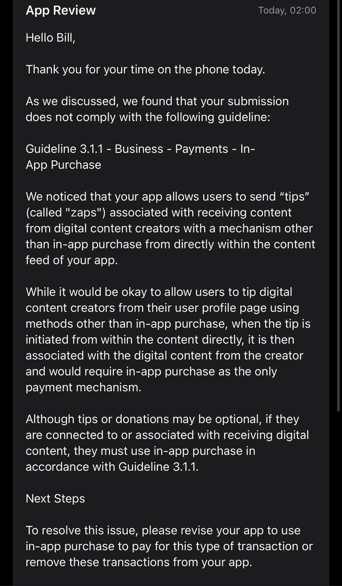 damusapp's tweet photo. Their suggested fix is to use apple pay. Sure, I'll use apple pay when it supports censorship resistant, peer-to-peer payments to anyone in the world. Maybe start with peer-to-peer first? https://t.co/IssOyC0btx