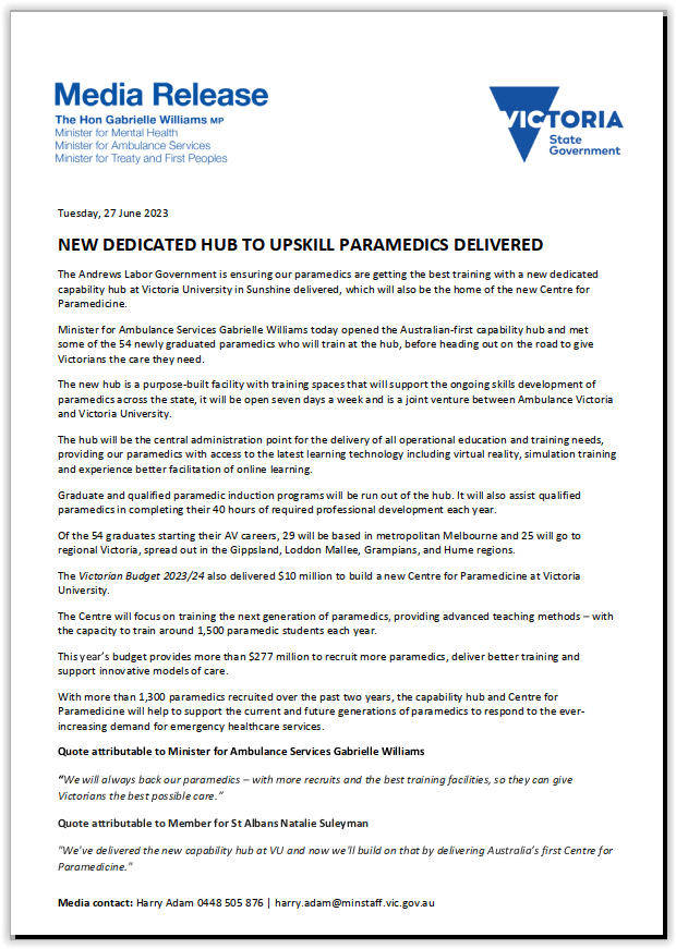 Centre of Excellence for Paramedicine. The Victorian Minister for Ambulance Services @GabbyWilliamsMP has opened the dedicated #paramedicine capability hub at Victoria University, which will be the home of the new Centre of Excellence for Paramedicine.  @AmbulanceVic