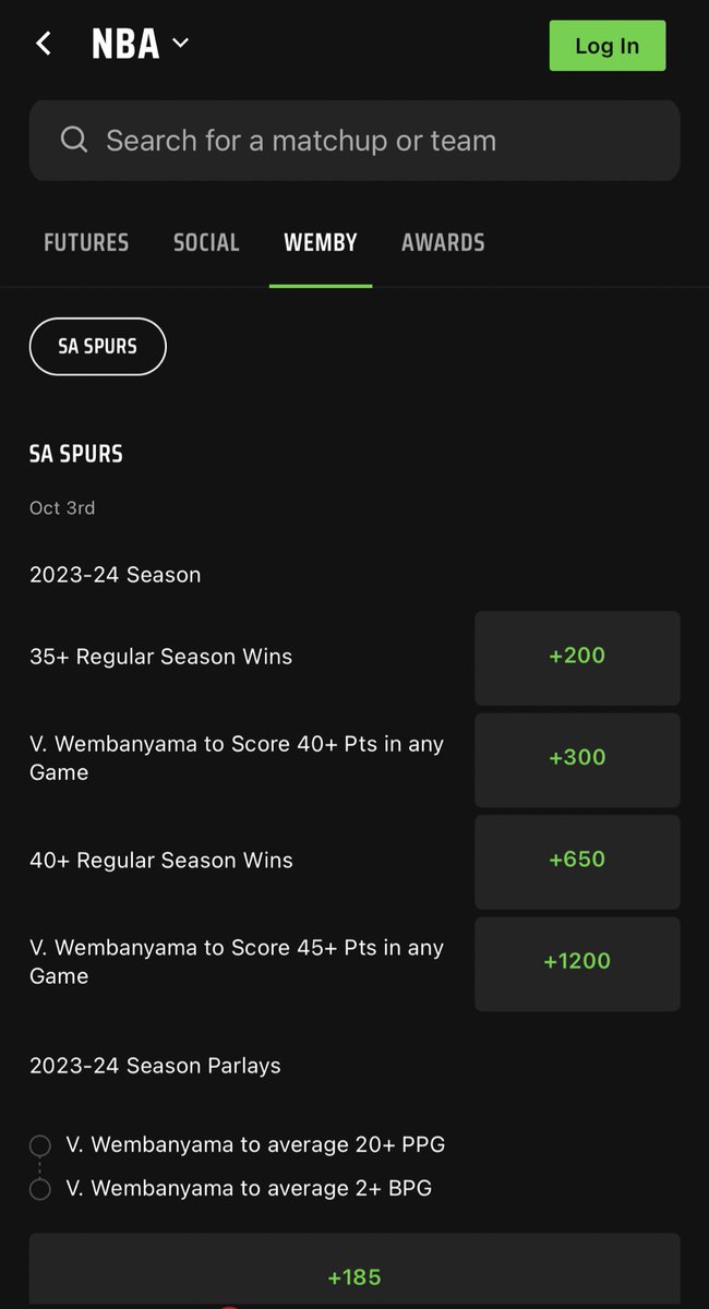 There’s a whole tab under NBA bets on Draft Kings just for Wemby lol