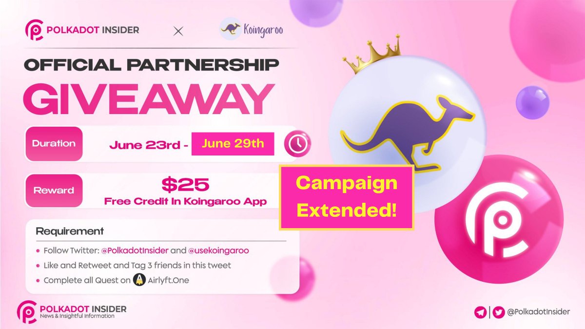 Koingaroo x <a href="/PolkadotInsider/">Polkadot Insider 🐂⭕️</a>  Giveaway Campaign on <a href="/airlyftone/">AirLyft.One</a> is extended to June 29th, 6am UTC! 🥳

🎁Don't miss the chance to be rewarded with free credit in Koingaroo account! 

✅Complete quests at airlyft.one/Polkadot-Insid…