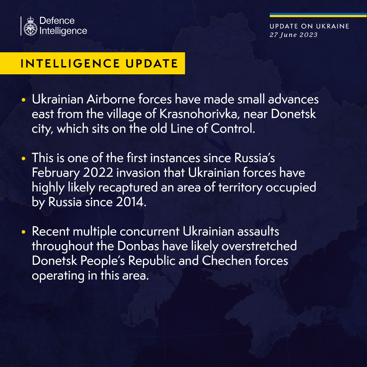 Latest Defence Intelligence update on the situation in Ukraine - 27 June 2023.