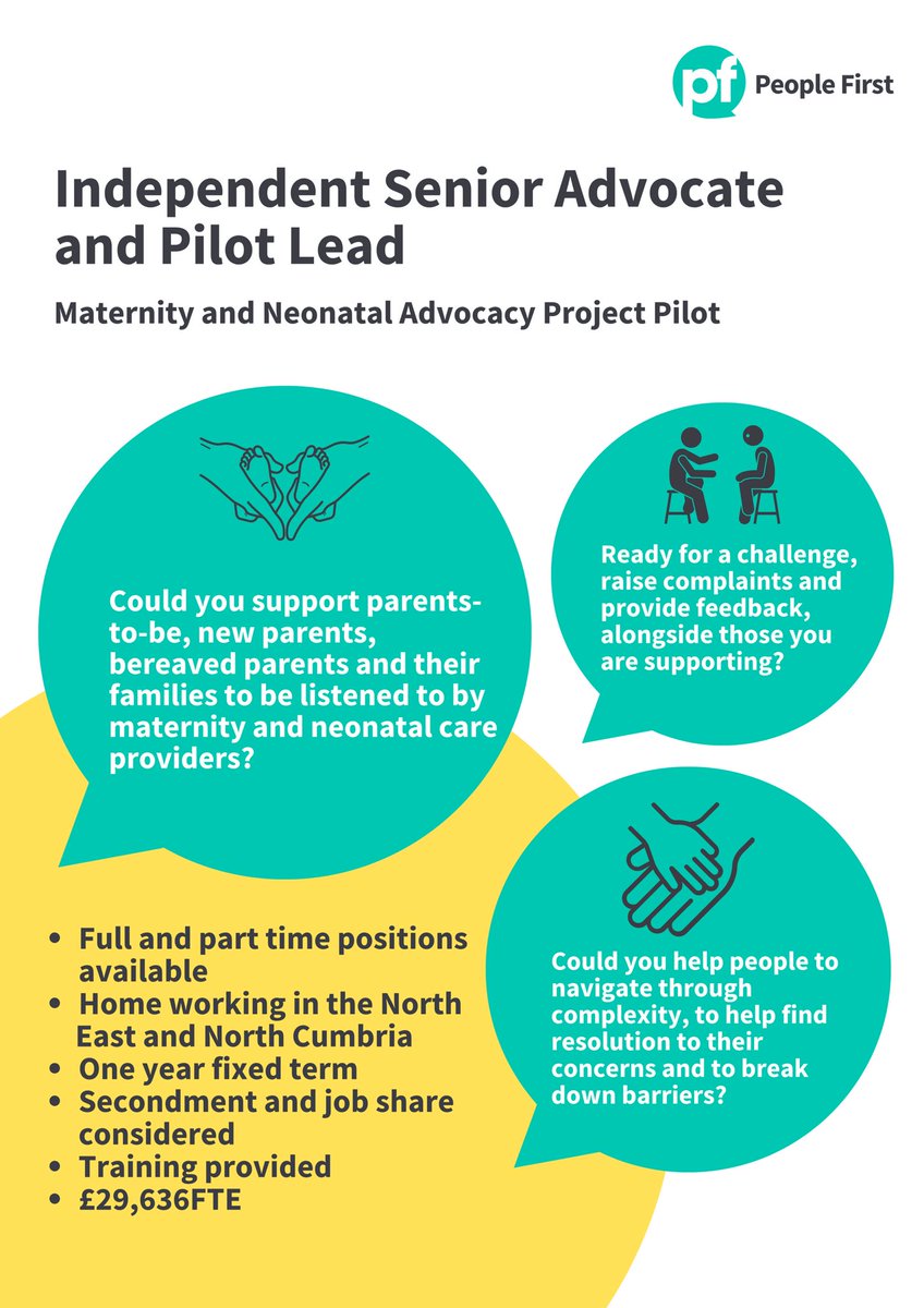Are you passionate about supporting women, birthing people and families?

As our Ind. Senior Advocate/Pilot Lead you will stand shoulder to shoulder with people to ensure their views are heard. 

-full or part time
-#NorthEast or #NorthCumbria 

For more 👉bit.ly/3otToPI