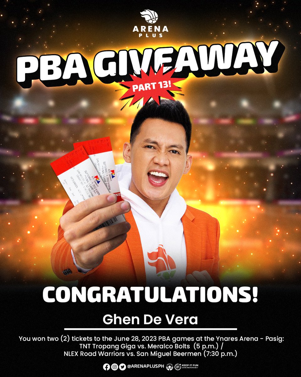 Congratulations sa napiling winner for this promo! Meron kang two (2) tickets para sa June 28 PBA games sa Ynares Arena - Pasig featuring TNT vs. Meralco at NLEX vs. San Miguel. 

Mag-message sa FB page on how to claim your prize! 

#ArenaPlusPH #AstigSaSports…