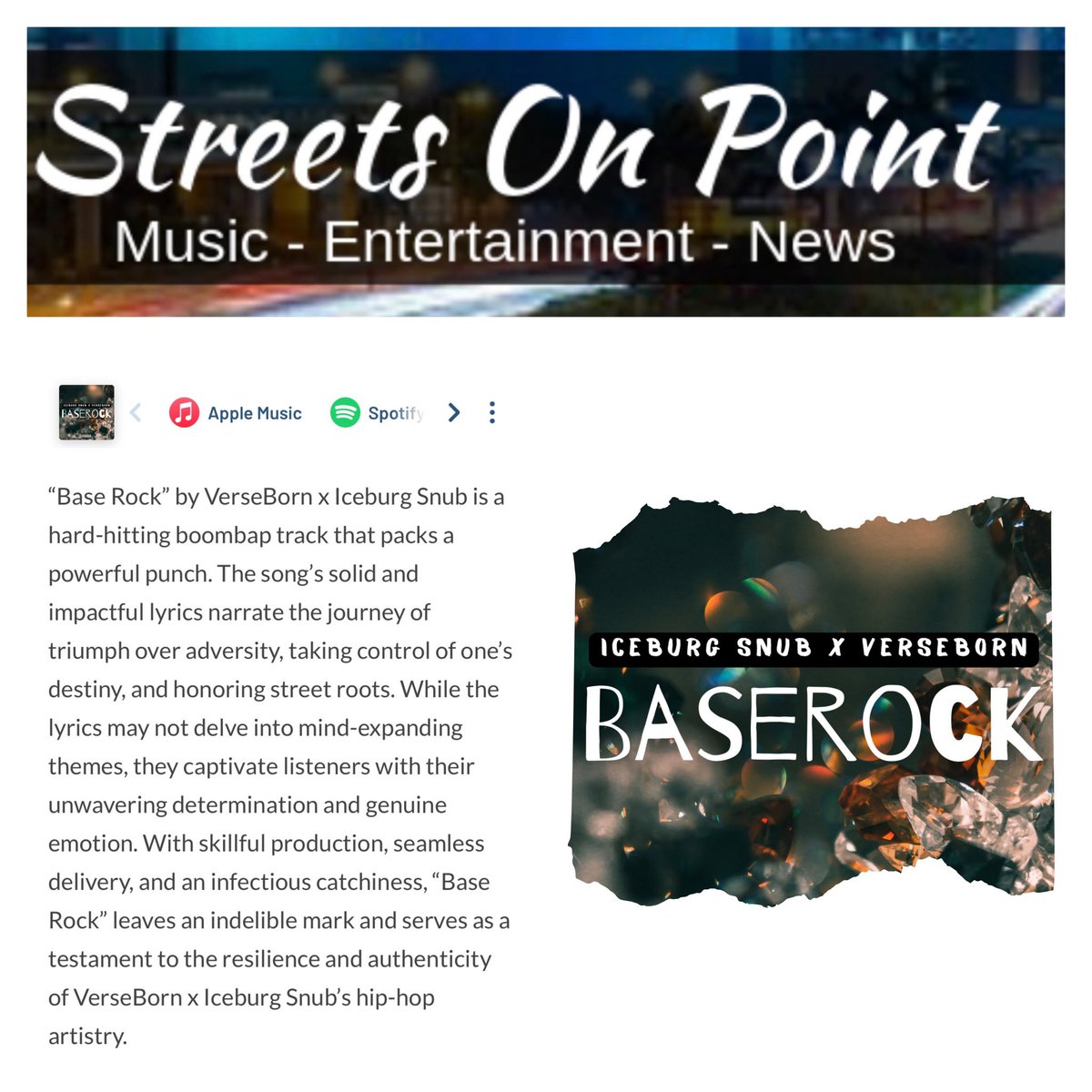 🫡💯 Salute to @streetsonpoint music blog for featuring “BASE ROCK” by #iceburgsnub x #verseborn!!

Follow @verseborn @iceburg_snub 

#eastcoast #westcoast #bos2dabay #boston #sanfrancisco #massachusetts #california #music #hiphop #boombap #explore #discover #new #boombap
