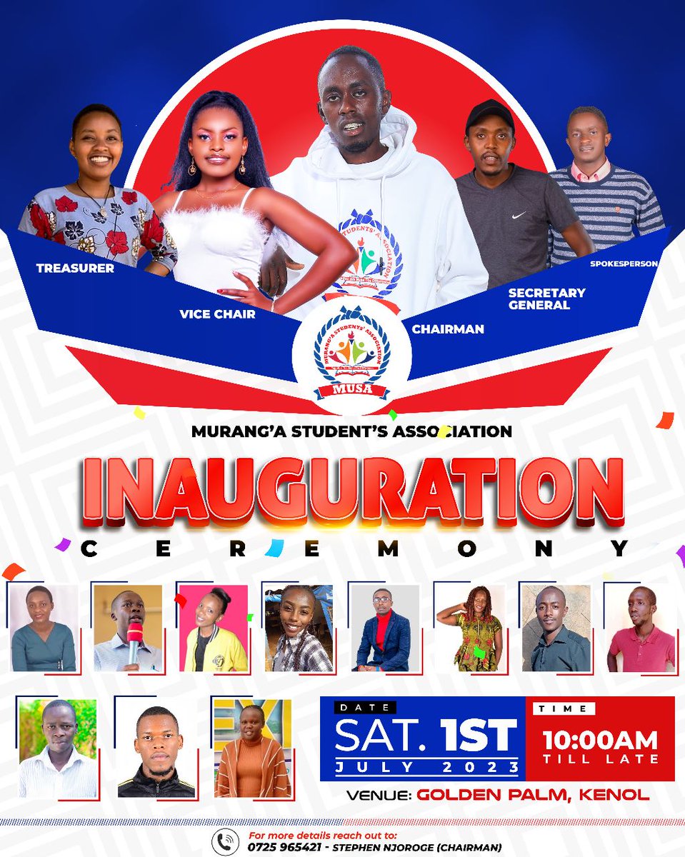 The big day is finally here🔥🔥
<a href="/Labanmacharia01/">Eng Macharia</a> <a href="/MurangaMusa/">Muranga students association -musa</a> <a href="/eunycess/">Eunice Ndung'u</a> <a href="/NdindiNyoro/">Ndindi Nyoro</a> 
#Musa
#Musainaugration