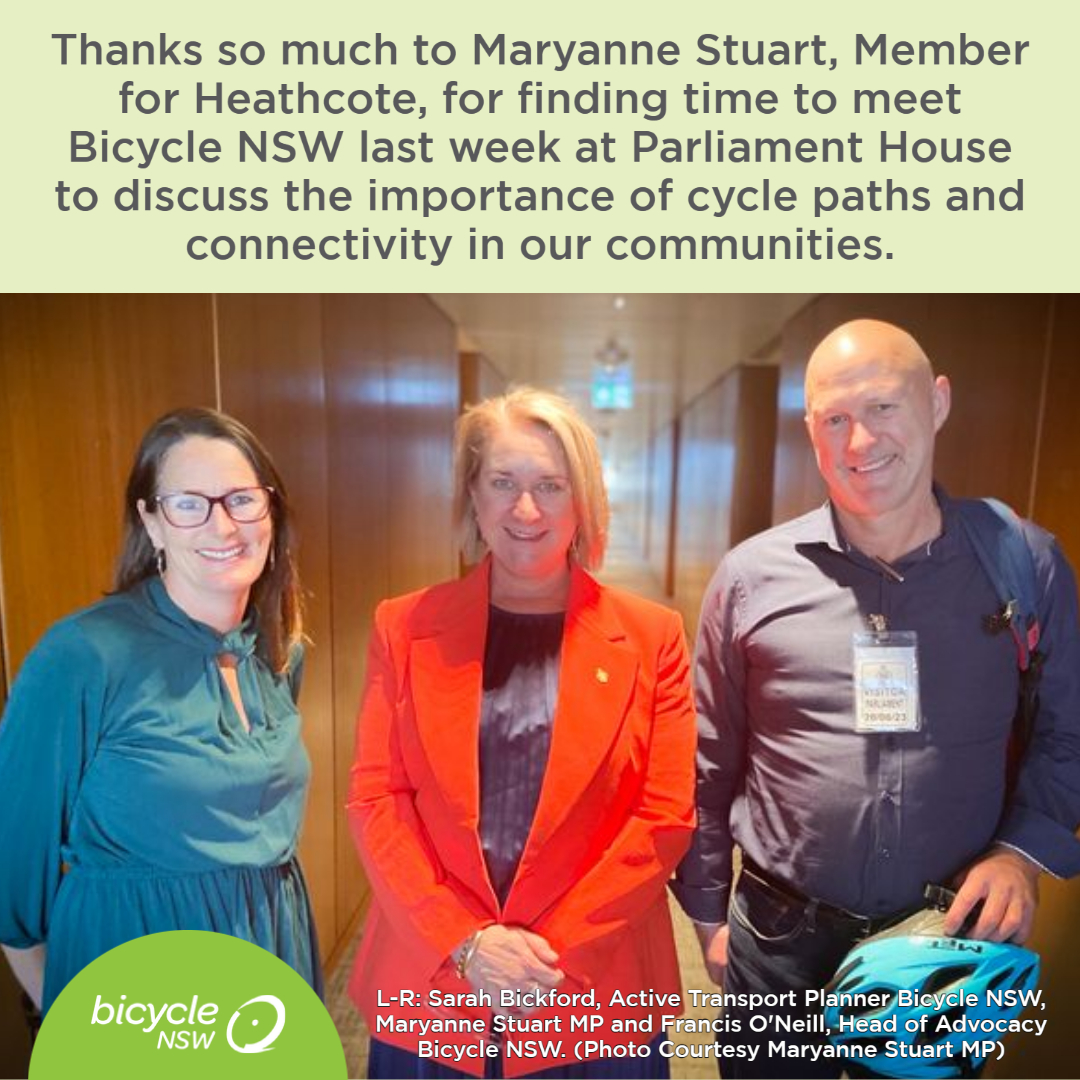 Thanks so much to Maryanne Stuart, Member for Heathcote, for finding time to meet <a href="/BicycleNSW/">@bicyclensw</a>  last week at Parliament House. 
Maryanne has a deep interest in the benefits of bike riding for health, children’s independence &amp; social inclusion. <a href="/BicycleNSW/">@bicyclensw</a> #advocacy <a href="/BetterSts4AUS/">BetterStreets Australia</a>
