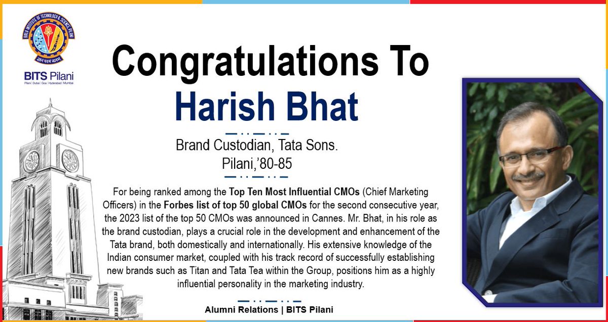 Congratulations To Mr. Harish Bhat

#Alumni #BITSians #BITSPilani #CMOInfluence #TopTenCMOs #Forbes50CMOs #BrandCustodian #TataBrand #GlobalCMO #InfluentialMarketing #IndianConsumerMarket