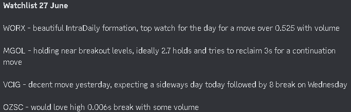 iVarunMad's tweet photo. Watchlist 27 June $WORX $MGOL $VCIG $OZSC https://t.co/Wlujz30EI8