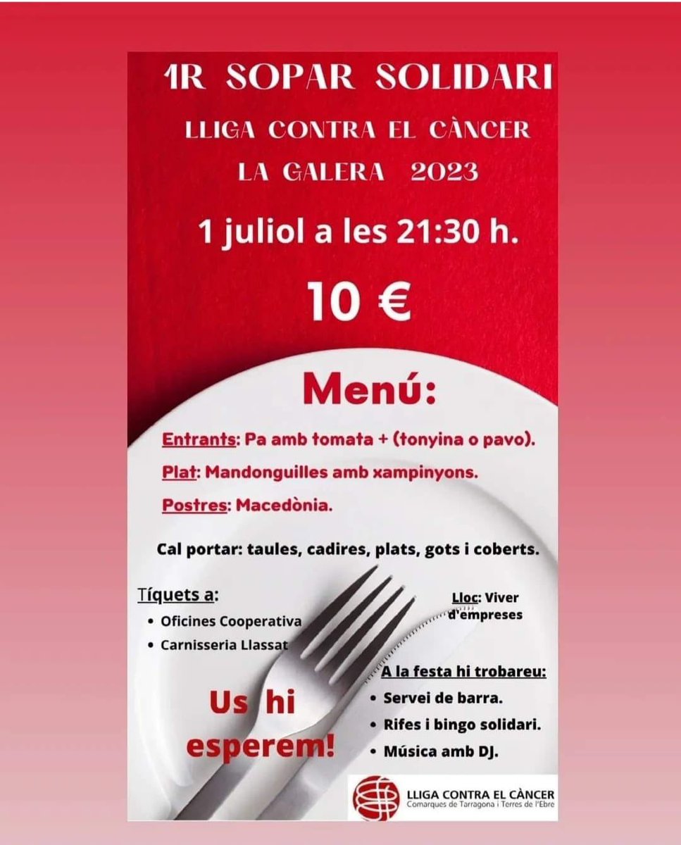 Aquest proper dissabte, 1 de juliol, sopar solidari a La Galera. Hi haurà rifes i música✨🫶🏻

Us hi esperem amb moltes ganes!❤️