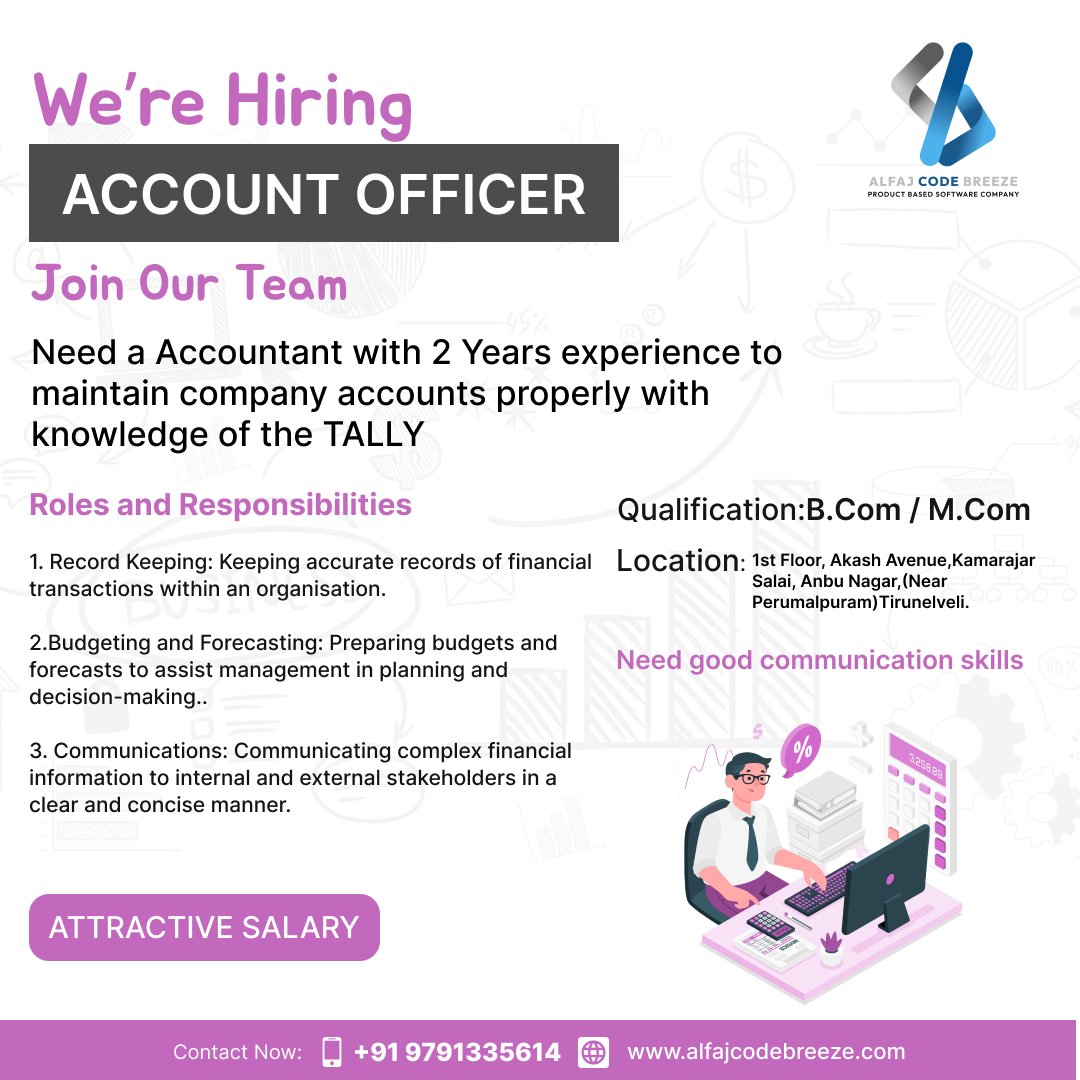 Need an Account officer  
All the best to your future👍  #alfajcodebreeze #perumalpuram #technology #tirunelveli #uiuxdesign #course #jobplacements #developers #html #css #javascript #angulardeveloper #frontenddeveloper #php #SQL #backenddeveloper #fullstackdeveloper #software