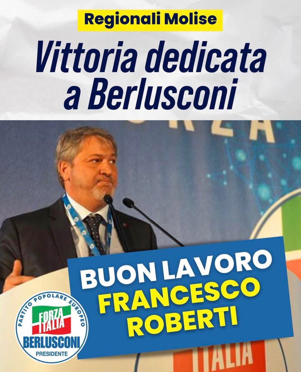 Il Centrodestra 🇮🇹stravince in #Molise con il nostro #FrancescoRoberti e @forza_italia al 13%. La giusta risposta ai facili profeti di sventura che volevano la nostra storia già archiviata. 
#NoiCiSiamo e continuiamo a portare avanti il progetto del Presidente @berlusconi!