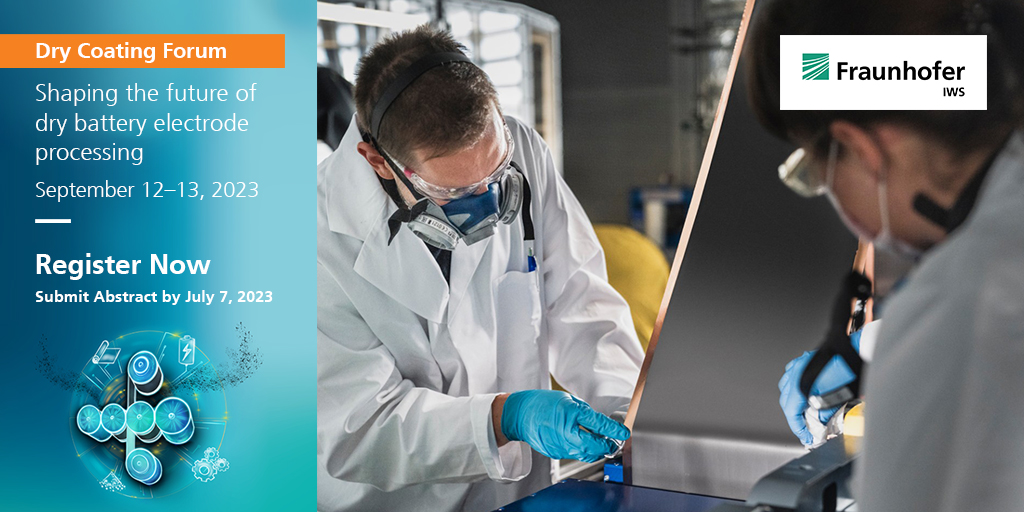 Dry #battery🔋 electrode coating is expected to become the industry standard in the medium term. Participate in the '#DryCoating Forum' by either submitting an abstract or registering now. Details: iws.fraunhofer.de/en/events/dry-… #lightatwork #EnergyStorage #mobility
