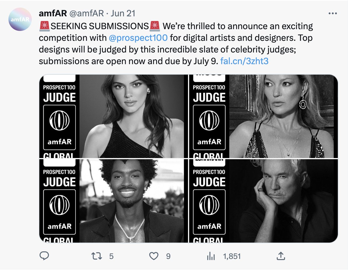 Kyzzen (@kyzzen_io) on Twitter photo 7⃣ <a href="/amfAR/">amfAR</a> and <a href="/prospect100/">Oditi fka PROSPECT 100</a> organised an NFT competition aimed at raising funds for AIDS
research with a judge panel consisting of <a href="/KendallJenner/">Kendall</a> <a href="/JBALVIN/">J BALVIN</a> <a href="/JeffKoons/">Jeff Koons</a> and
other celebrities. 7⃣ <a href="/amfAR/">amfAR</a> and <a href="/prospect100/">Oditi fka PROSPECT 100</a> organised an NFT competition aimed at raising funds for AIDS
research with a judge panel consisting of <a href="/KendallJenner/">Kendall</a> <a href="/JBALVIN/">J BALVIN</a> <a href="/JeffKoons/">Jeff Koons</a> and
other celebrities.