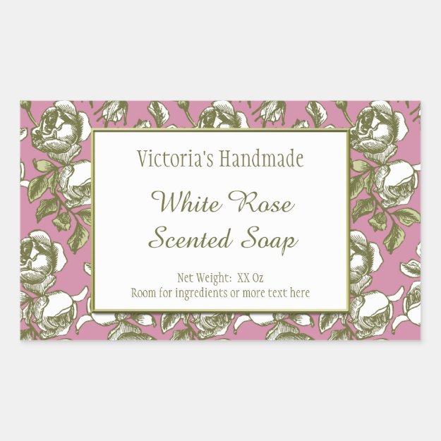 A custom #soapmaking or baking sticker with script and block letters on an elegant antique floral pattern of vintage etched #roses in white and golds on dusty rose background.  zazzle.com/z/nrqqlwza?rf=…