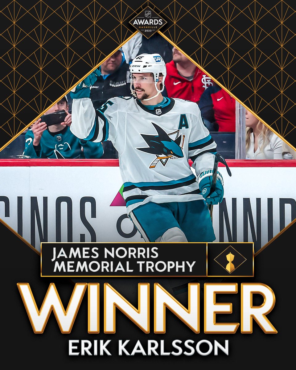 NHL's tweet photo. That's a three-peat‼️ 

For the third time, the James Norris Memorial Trophy for the League's top defensemen goes to @ErikKarlsson65! #NHLAwards https://t.co/PLWeTWzKgx