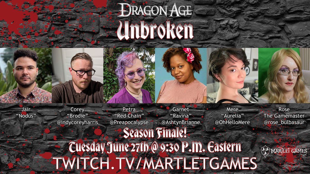 And here we go! The season finale for Dragon Age: Unbroken airs tomorrow night at 9:30 p.m. Eastern! This was an amazing cast, and <a href="/rose_bulbasaur/">Rose says 🇨🇦 Elbows Up! 🇨🇦</a> delivers a great wrap up. Stop on by, will ye?
twitch.tv/martletgames