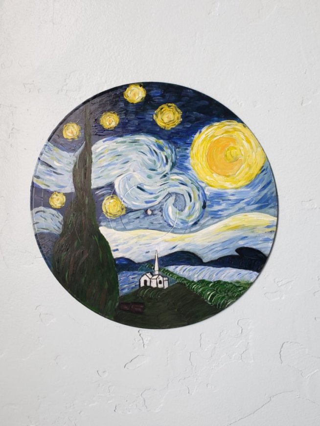 A starry night on an upcycled vinyl record.