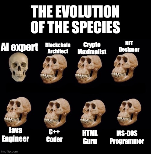 #startups #memes #gifs #evolution #species #ArtificialIntelligence #AIExpert #Blockchain #crypto #NFT #Java #Cplusplus #HTML #MSDOS #funny