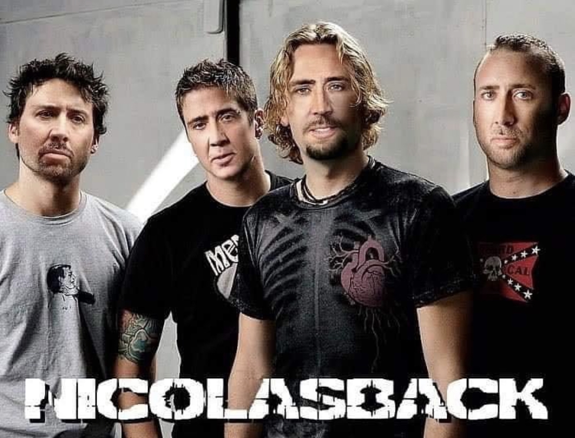 vt_geo's tweet photo. Would you listen to this band? For the memes or for the music?
#meme #nickelback #nicolascage https://t.co/FBpjXnSmvM