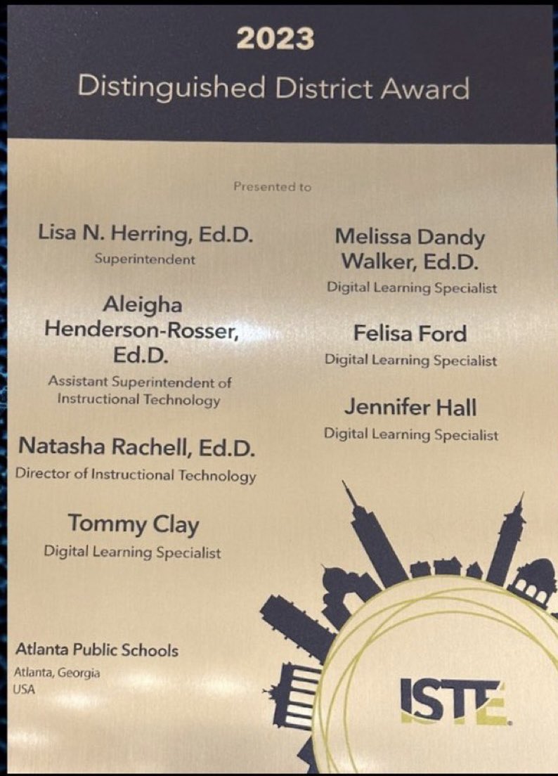 💙Today our @APSInstructTech team was recognized at #ISTELive2023!

Thank you @ISTEofficial for recognizing @apsupdate as one of three  ISTE 2023 Distinguished Districts.
@DrLisaHerring @CAOyolob @ahrosser @apsitnatasha @apsitjen @APSITFelisa @apsittommy #APSITinspires
