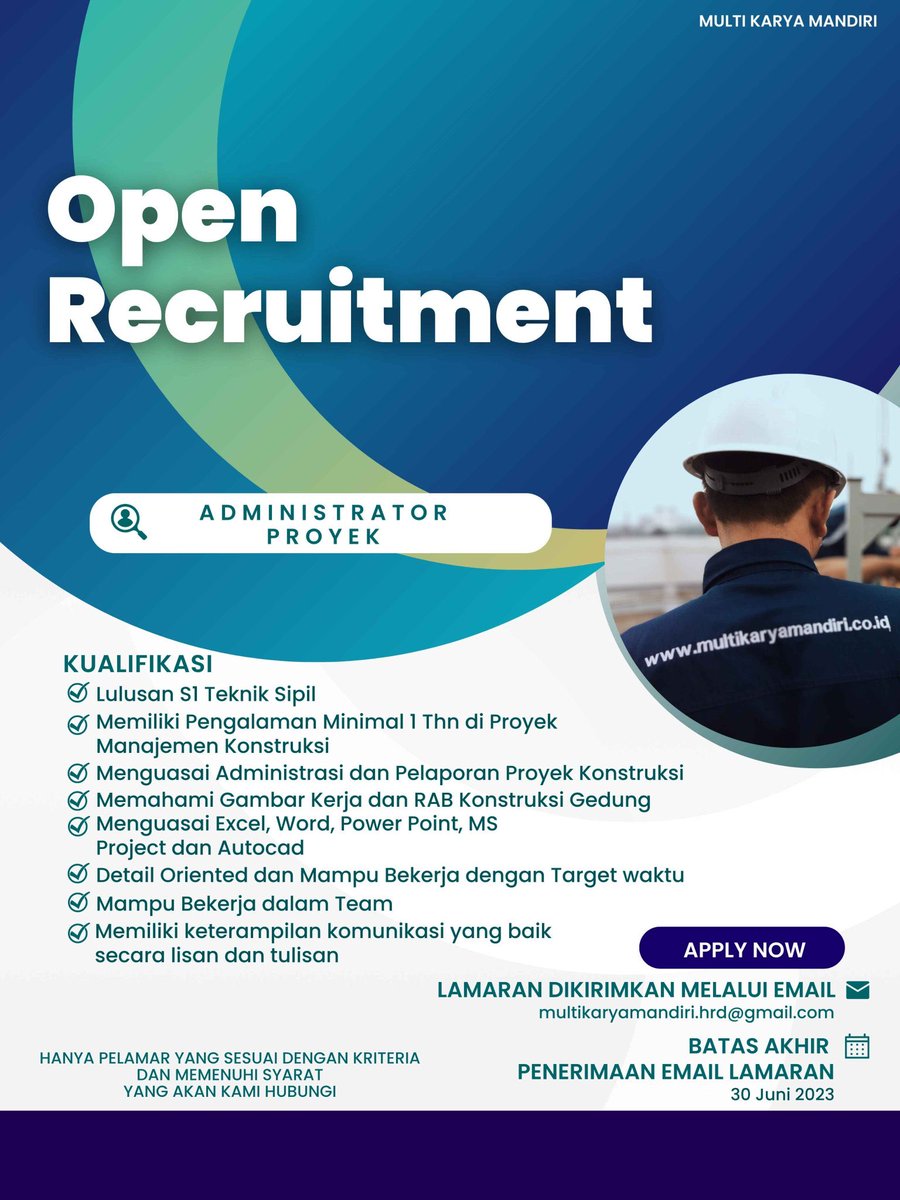 Kami membuka Lowongan Pekerjaan untuk S1 Teknik Sipil untuk posisi Administrator Proyek, hanya peserta yang memenuhi persyaratan yang kami proses. #lowongankerja #LokerBdg #LowonganKerjaTeknikSipil #lokerbandung