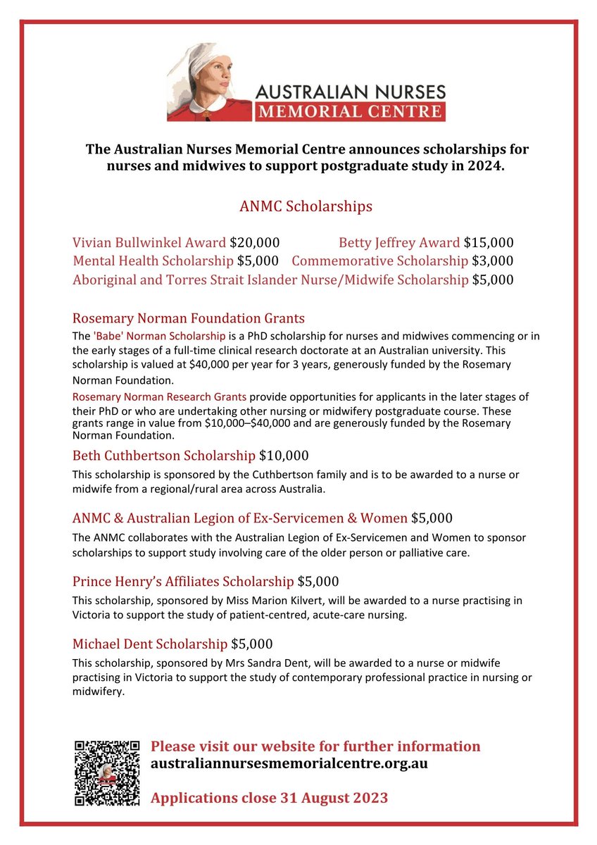 Australian Nurses Memorial Centre 2024 postgraduate nursing and midwifery scholarships open 1 July.

#ANMC #VivanBullwinkel #BettyJeffrey #education #nursing #midwifery #scholarships #nursingscholarships #midwiferyscholarships #postgraduatescholarships #nursesmemorial