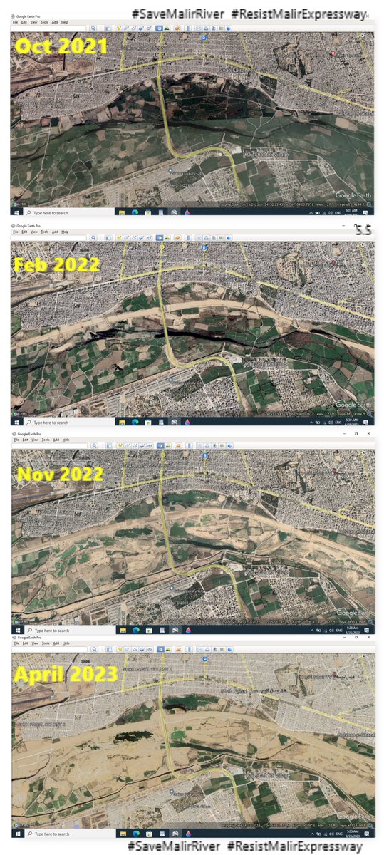 Malir River ecocide: An eco-tragedy told in 4 pictures  2021, early & late 2022 & 2023
1. Oct 2021 date on the EIA report
2. Feb 2022 right before EIA public hearing
3. Nov 2022
4. April 2023
a Monsoon river; earth of riverbed not suited for road construction