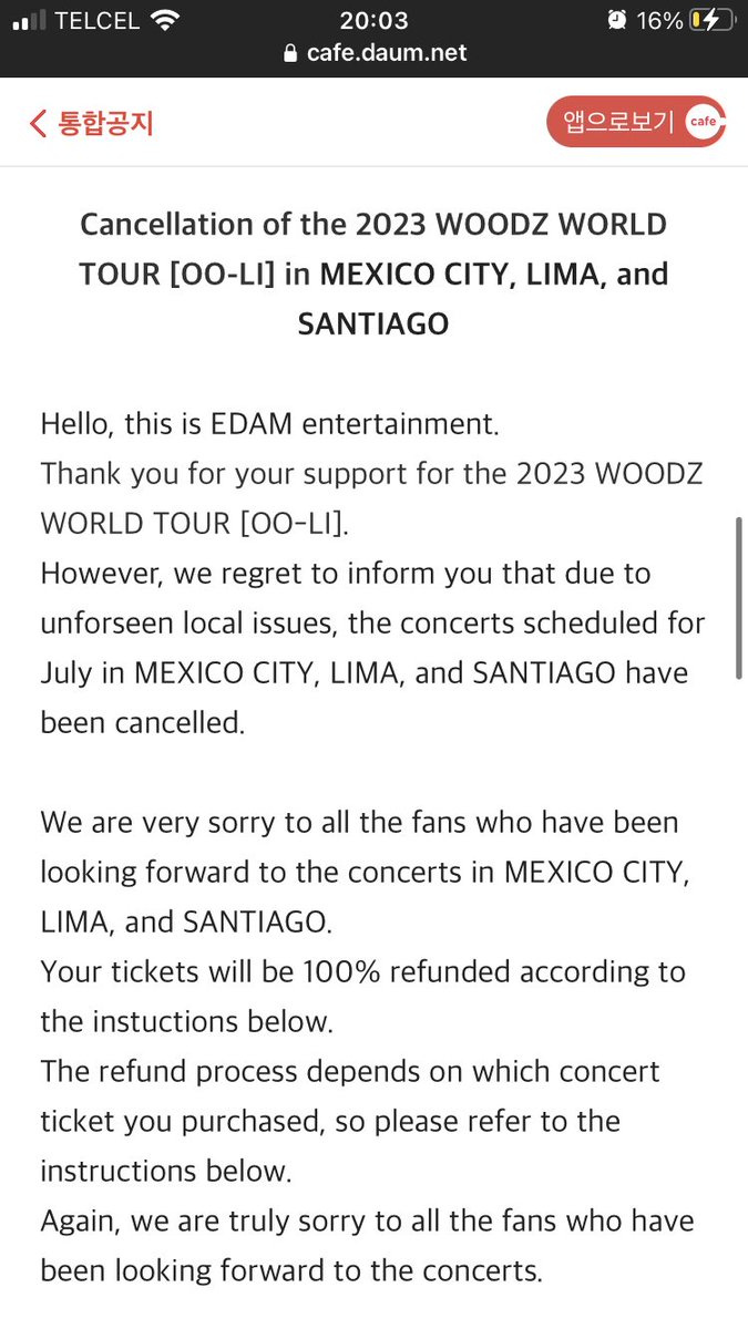 thebestboyCSY's tweet photo. [FANCAFE] 

Cancelación del WOODZ WORLD TOUR de 2023 [OO-LI] en CIUDAD DE MÉXICO, LIMA y SANTIAGO

Hola, soy EDAM Entertainment.

Gracias por su apoyo para el 2023 WOODZ WORLD TOUR [OO-LI].

Sin embargo, lamentamos informarle que, debido a problemas locales impóricos, por todos https://t.co/IYFolhlxW2