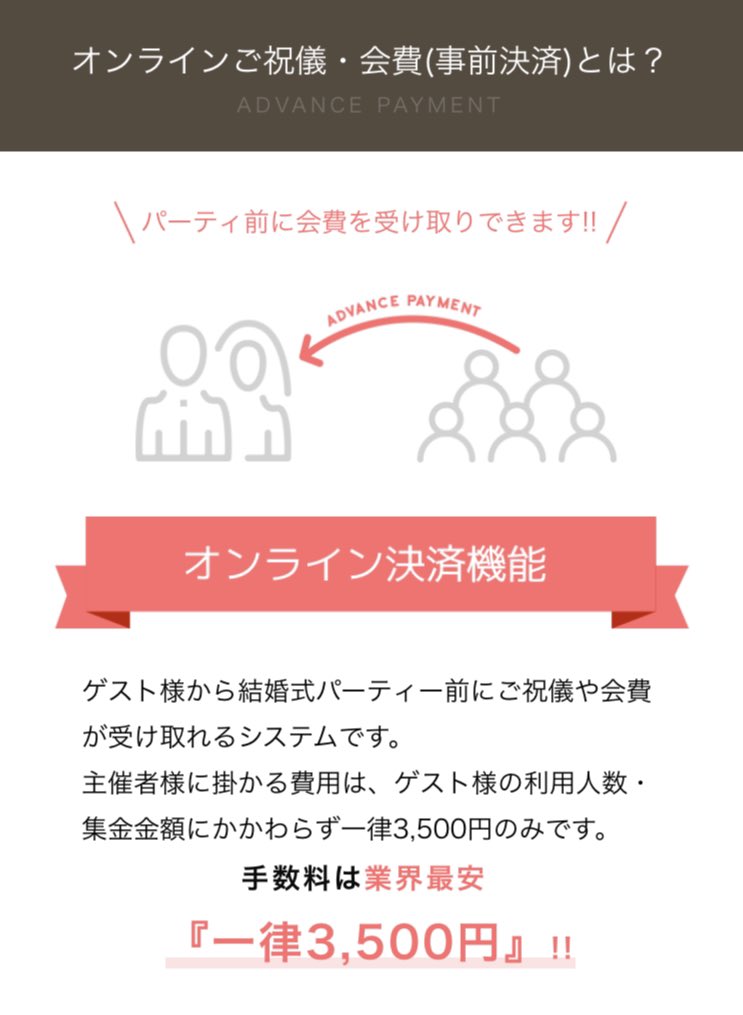 rakurakuwedding's tweet image. 先日テレビでご紹介頂いた、【オンラインご祝儀】はこちら💁‍♀️
楽々!web招待状のオンラインご祝儀は、業界最安値の手数料3,500円で利用可能🎉
ご祝儀を事前決済することで、ゲスト様はご祝儀袋や新札の用意が必要なし🤩
#オンラインご祝儀　#web招待状　#結婚式diy #プレ花嫁と繋がりたい